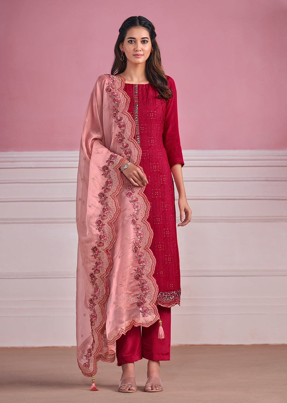 Buy Now Pink Chinnon Chiffon Chikankari Embroidered Salwar Suit Online in USA, UK, Canada, Germany, Australia & Worldwide at Empress Clothing.