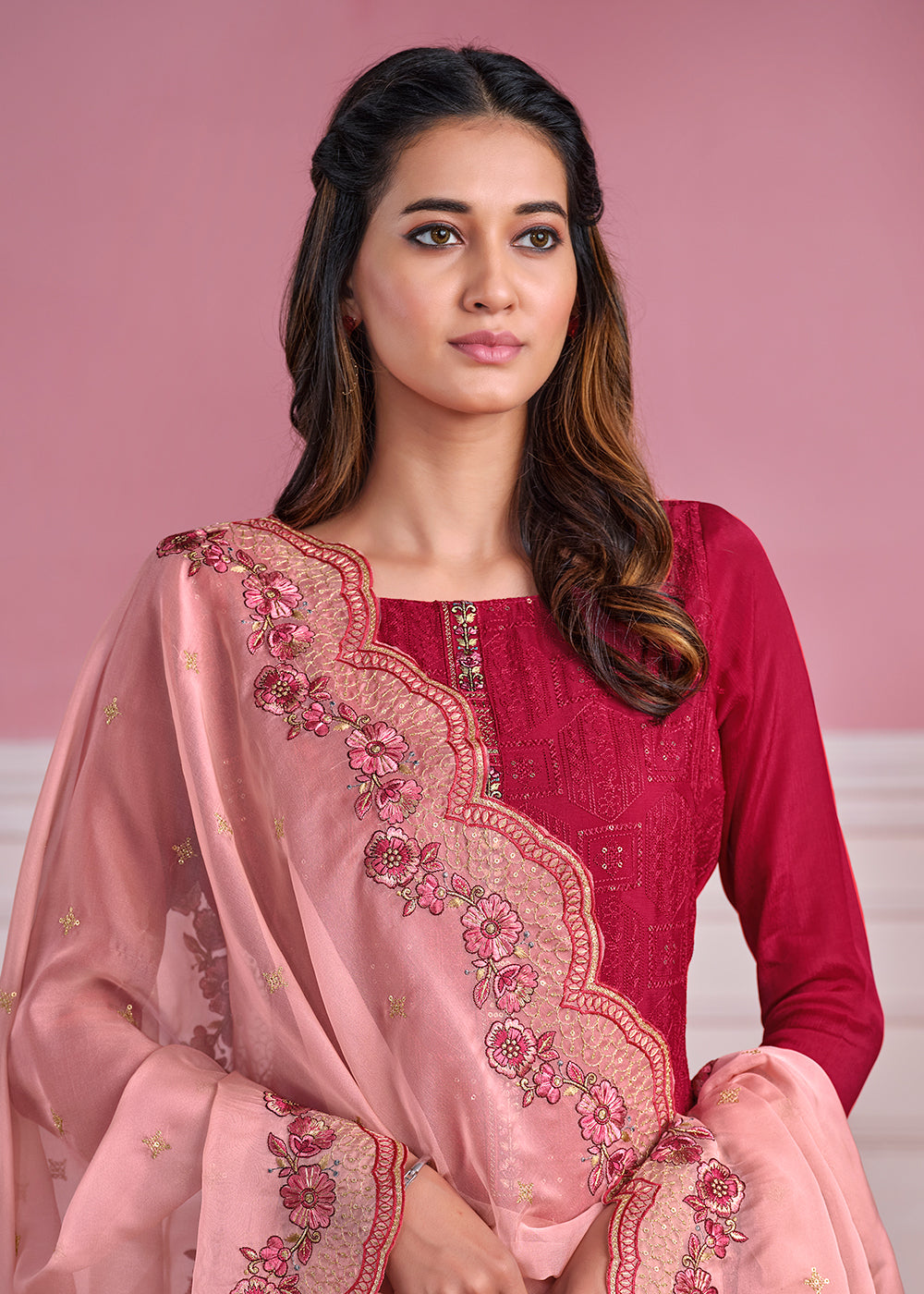 Buy Now Pink Chinnon Chiffon Chikankari Embroidered Salwar Suit Online in USA, UK, Canada, Germany, Australia & Worldwide at Empress Clothing.
