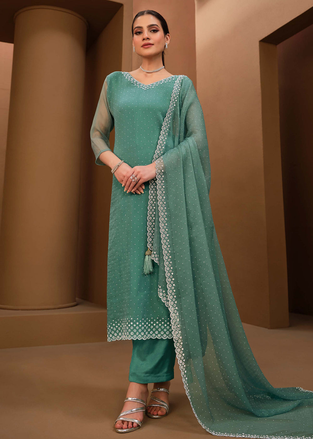 Buy Now Gorgeous Turquoise Swarovski Embellished Festive Salwar Suit Online in USA, UK, Canada, Germany, UAE & Worldwide at Empress Clothing. 