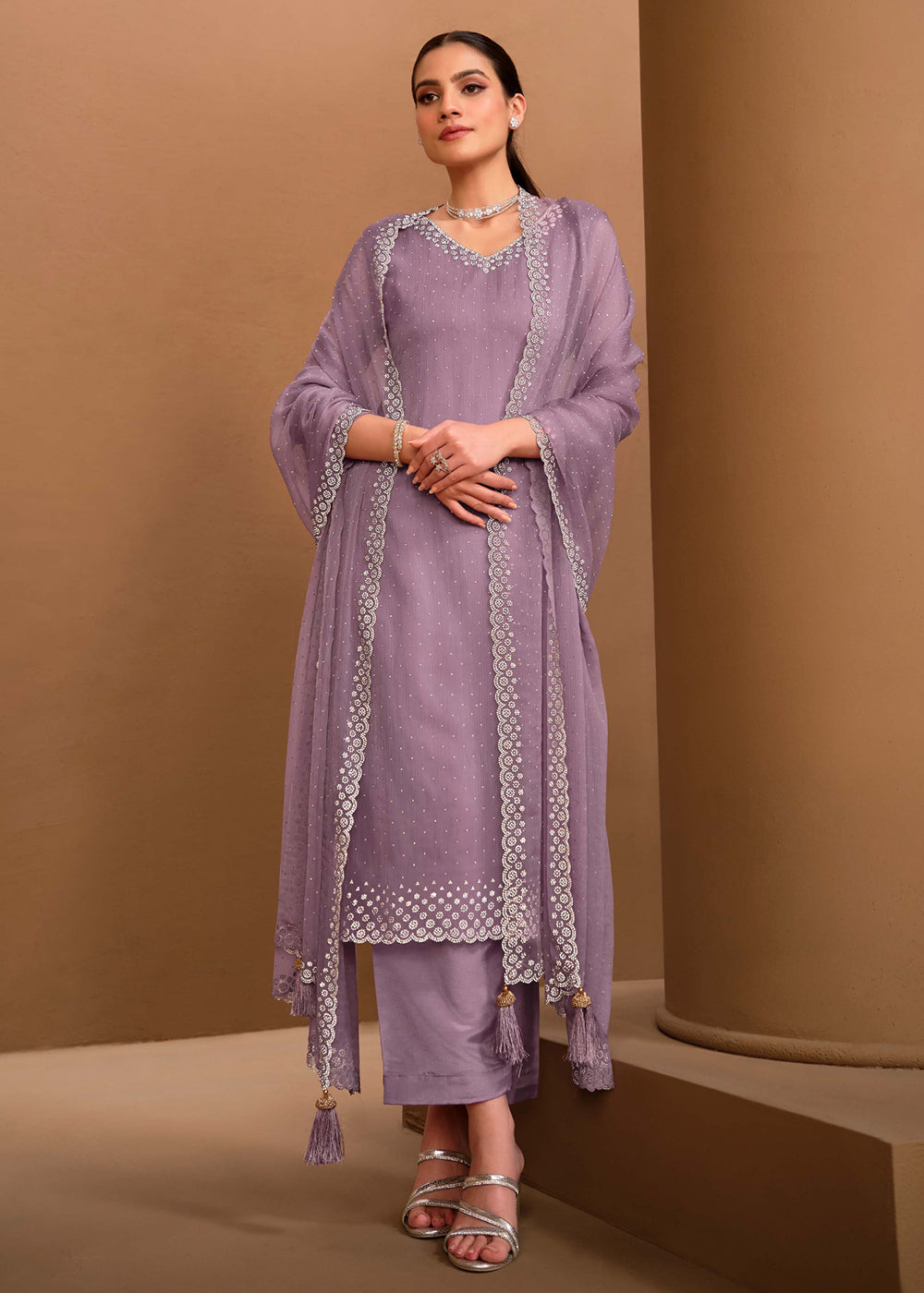 Buy Now Gorgeous Lilac Swarovski Embellished Festive Salwar Suit Online in USA, UK, Canada, Germany, UAE & Worldwide at Empress Clothing. 