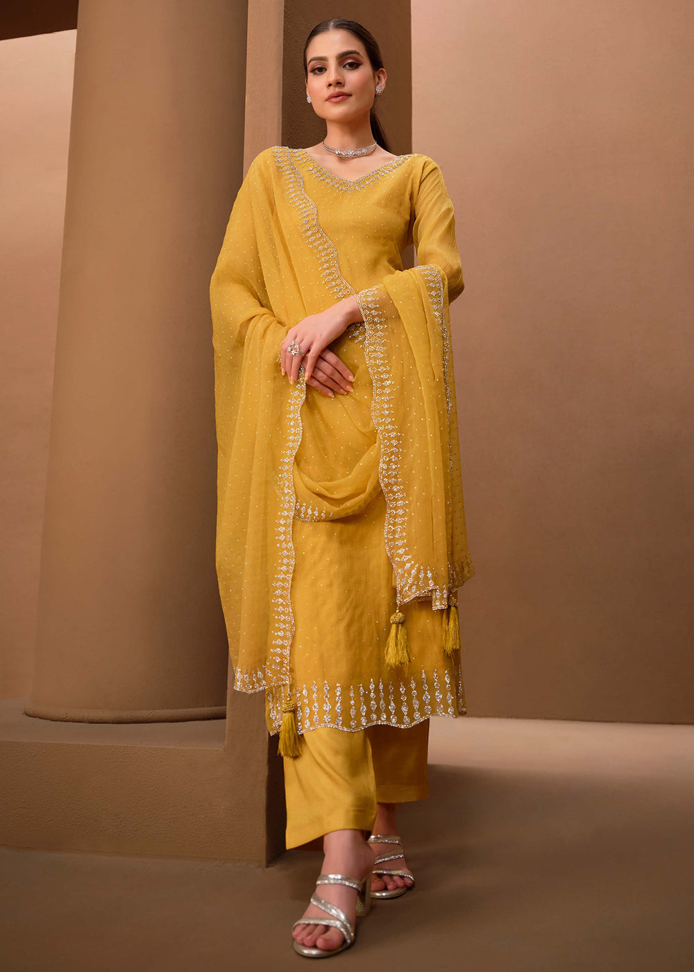 Buy Now Gorgeous Yellow Swarovski Embellished Festive Salwar Suit Online in USA, UK, Canada, Germany, UAE & Worldwide at Empress Clothing. 