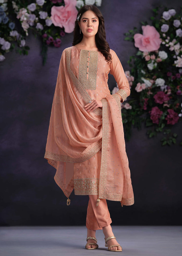 Buy Now Zarkan Embroidered Peach Organza Pant Style Suit Online in USA, UK, Canada, Germany, UAE & Worldwide at Empress Clothing. 