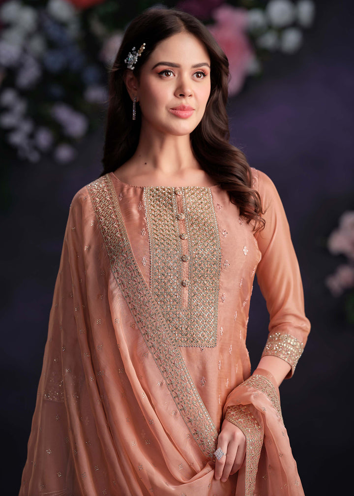 Buy Now Zarkan Embroidered Peach Organza Pant Style Suit Online in USA, UK, Canada, Germany, UAE & Worldwide at Empress Clothing. 