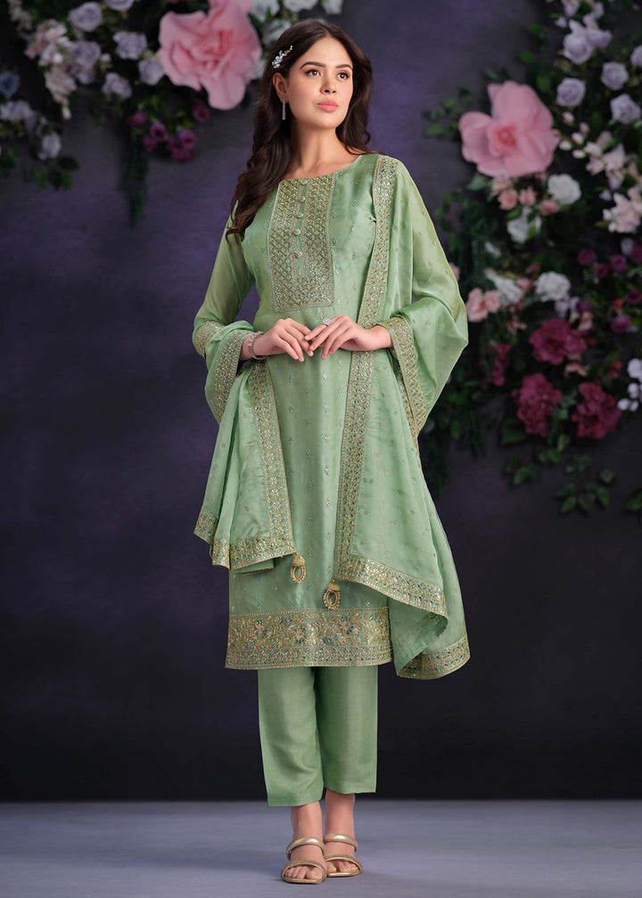 Buy Now Zarkan Embroidered Green Organza Pant Style Suit Online in USA, UK, Canada, Germany, UAE & Worldwide at Empress Clothing.