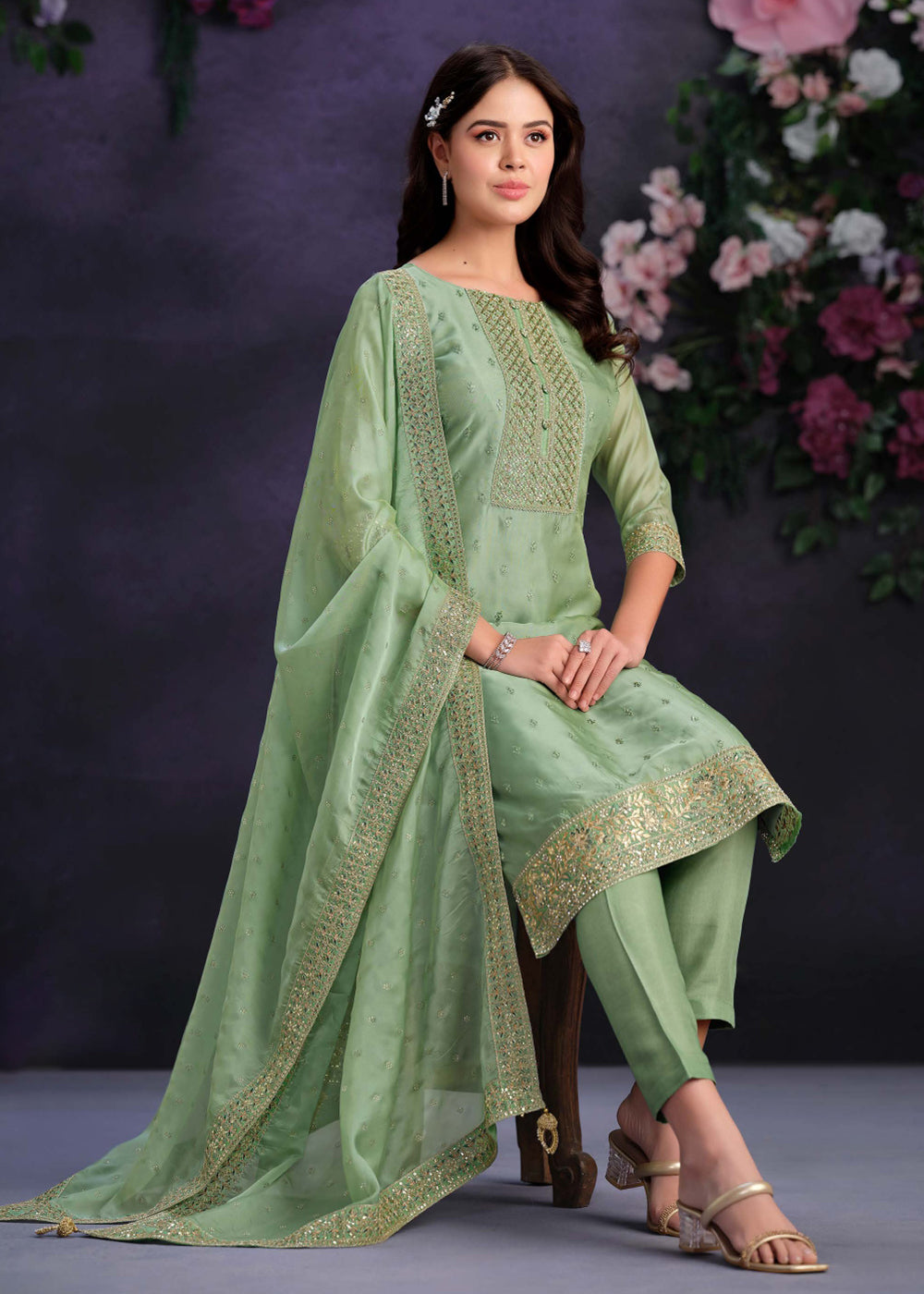 Buy Now Zarkan Embroidered Green Organza Pant Style Suit Online in USA, UK, Canada, Germany, UAE & Worldwide at Empress Clothing.