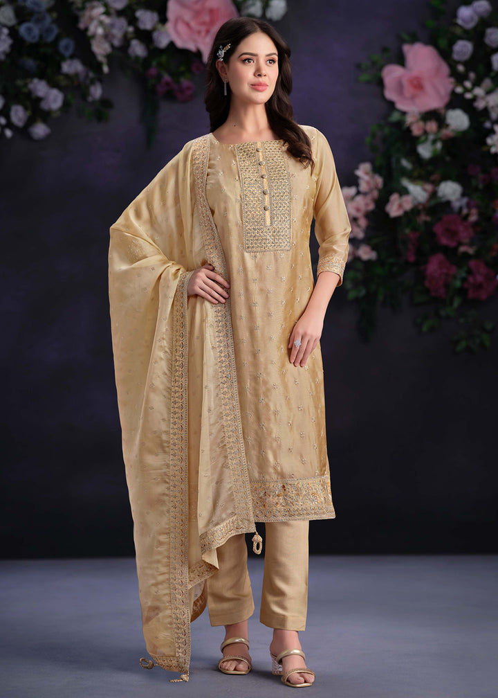 Buy Now Zarkan Embroidered Beige Organza Pant Style Suit Online in USA, UK, Canada, Germany, UAE & Worldwide at Empress Clothing.