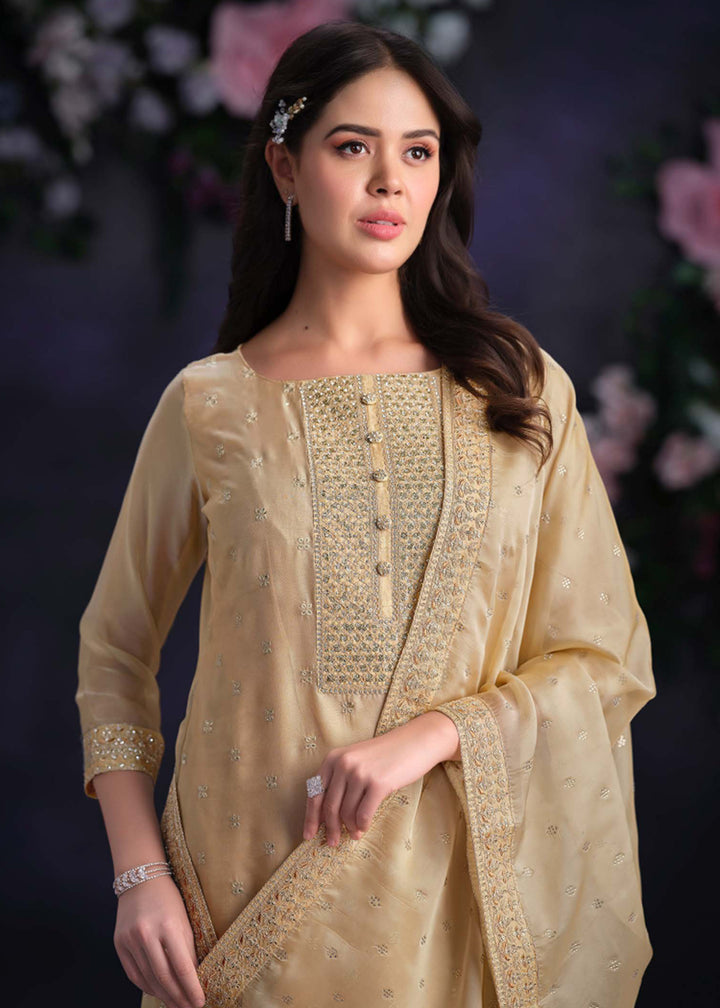 Buy Now Zarkan Embroidered Beige Organza Pant Style Suit Online in USA, UK, Canada, Germany, UAE & Worldwide at Empress Clothing.