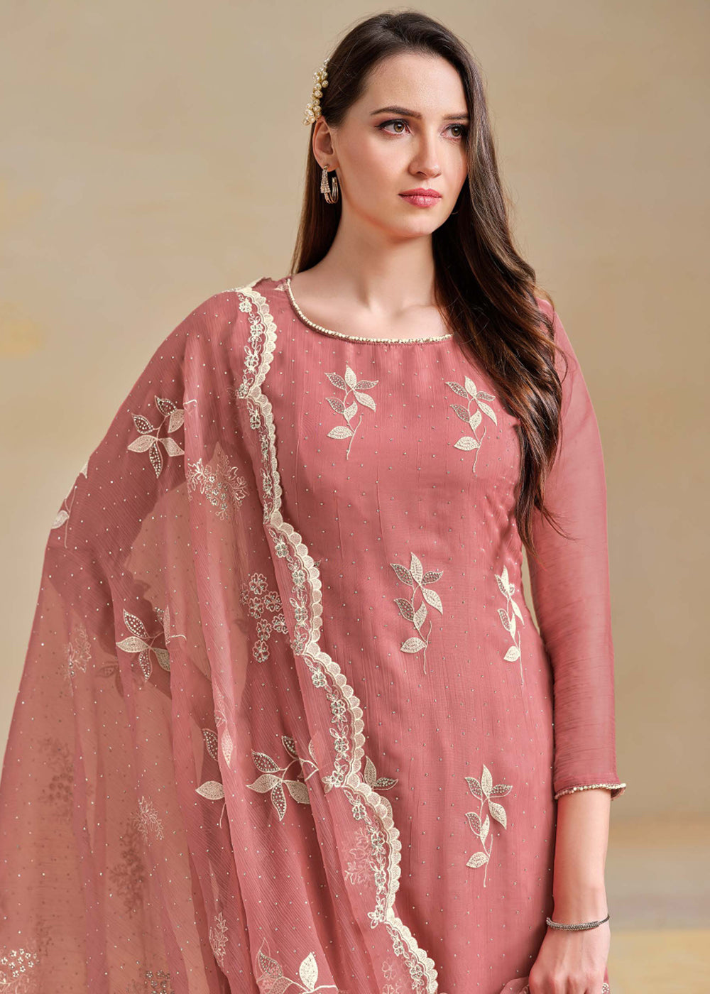 Buy Now Organza Chiffon Pink Swarovski Work Festive Salwar Suit Online in US, UK, Canada, Germany, Italy, France, Australia, Denmark, UAE & Worldwide at Empress Clothing.