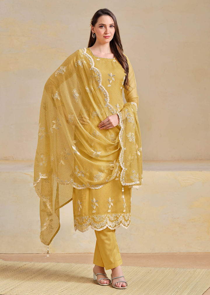 Buy Now Organza Chiffon Yellow Swarovski Work Festive Salwar Suit Online in US, UK, Canada, Germany, Italy, France, Australia & Worldwide at Empress Clothing.