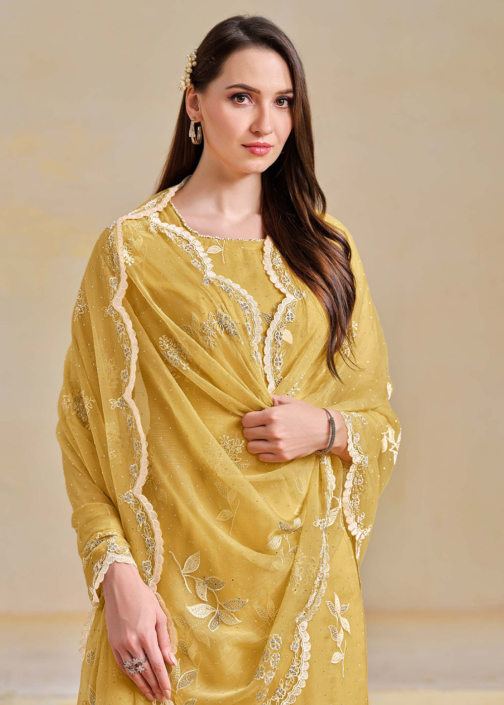 Buy Now Organza Chiffon Yellow Swarovski Work Festive Salwar Suit Online in US, UK, Canada, Germany, Italy, France, Australia & Worldwide at Empress Clothing.