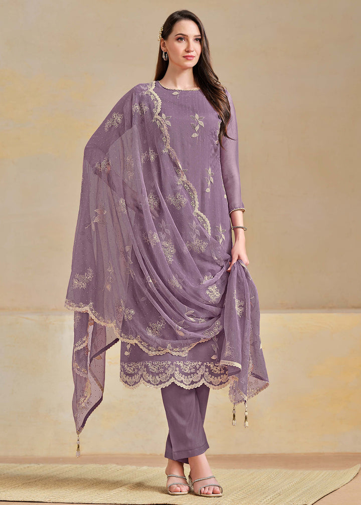 Buy Now Organza Chiffon Mauve Swarovski Work Festive Salwar Suit Online in US, UK, Canada, Germany, Italy, France, Australia & Worldwide at Empress Clothing.