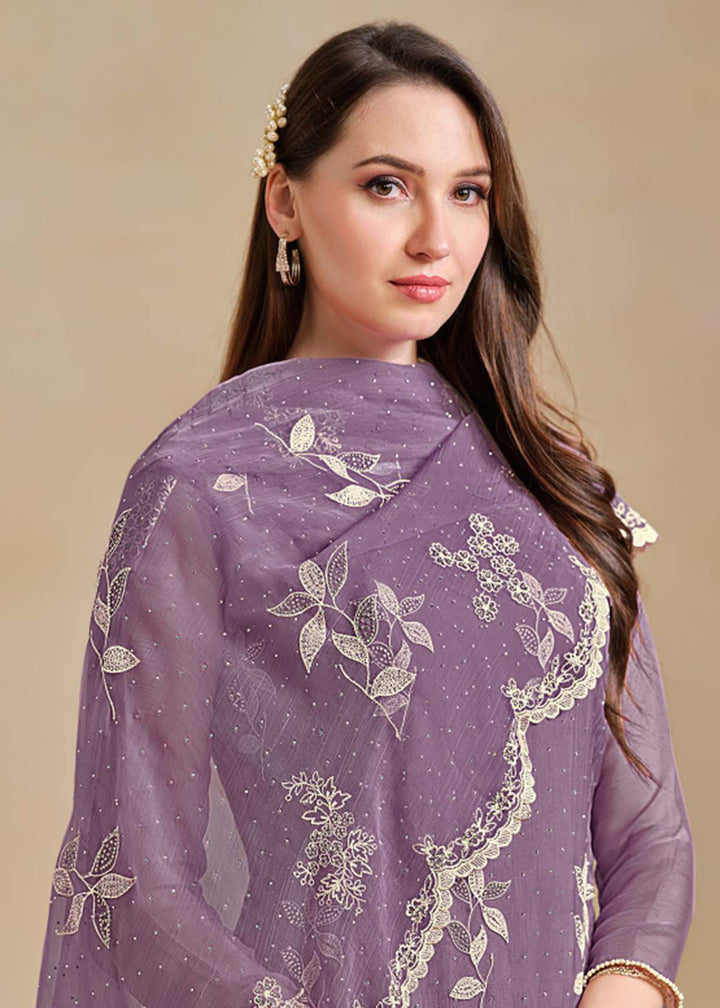 Buy Now Organza Chiffon Mauve Swarovski Work Festive Salwar Suit Online in US, UK, Canada, Germany, Italy, France, Australia & Worldwide at Empress Clothing.