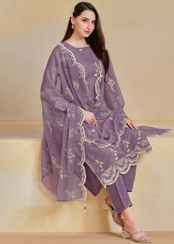 Buy Now Organza Chiffon Mauve Swarovski Work Festive Salwar Suit Online in US, UK, Canada, Germany, Italy, France, Australia & Worldwide at Empress Clothing.