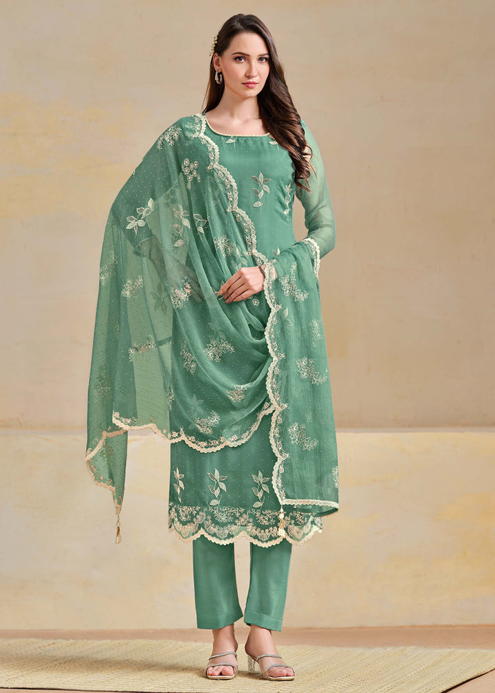 Buy Now Organza Chiffon Teal Swarovski Work Festive Salwar Suit Online in US, UK, Canada, Germany, Italy, France, Australia & Worldwide at Empress Clothing.