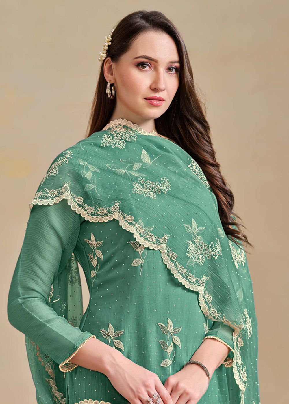 Buy Now Organza Chiffon Teal Swarovski Work Festive Salwar Suit Online in US, UK, Canada, Germany, Italy, France, Australia & Worldwide at Empress Clothing.