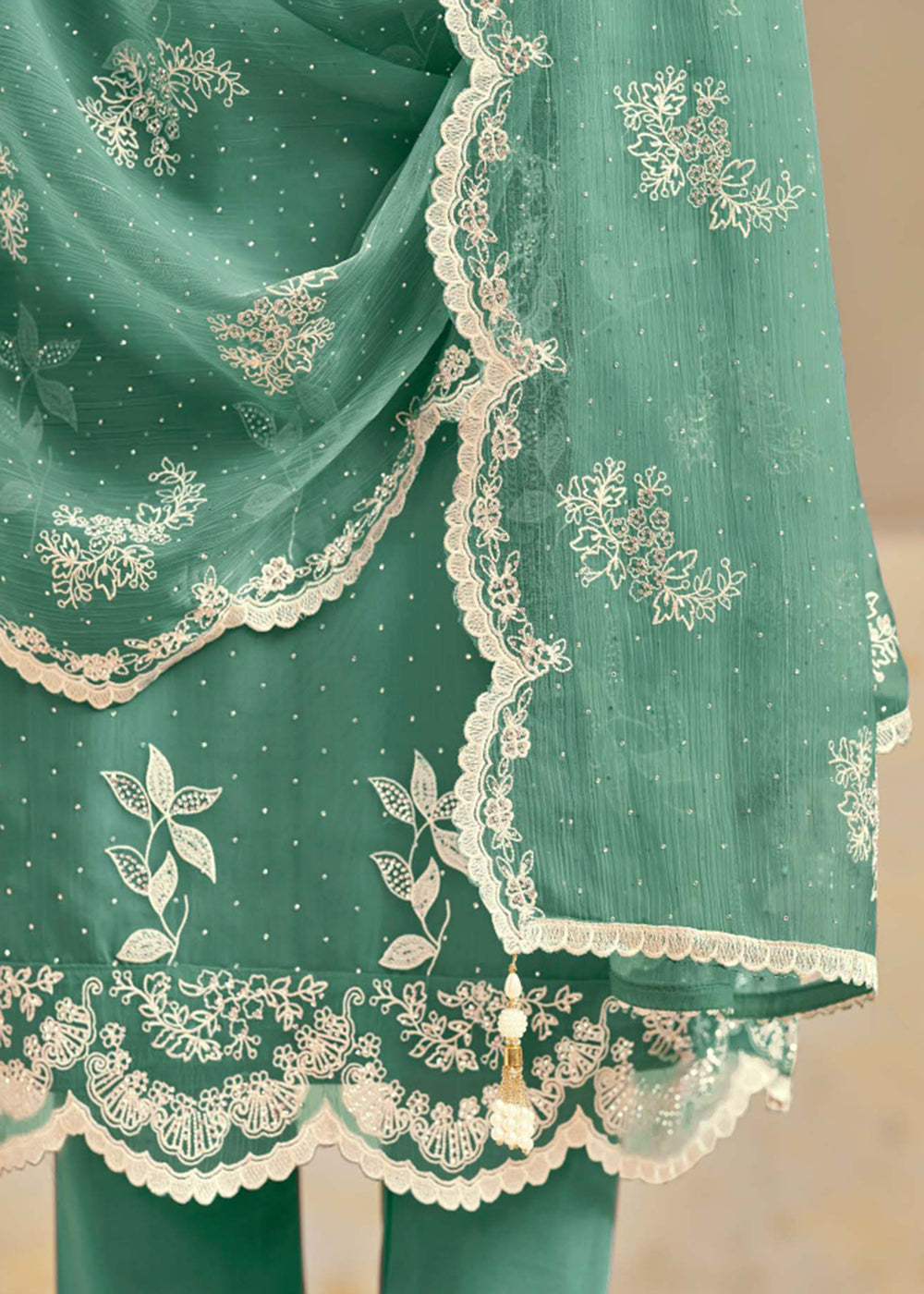 Buy Now Organza Chiffon Teal Swarovski Work Festive Salwar Suit Online in US, UK, Canada, Germany, Italy, France, Australia & Worldwide at Empress Clothing.