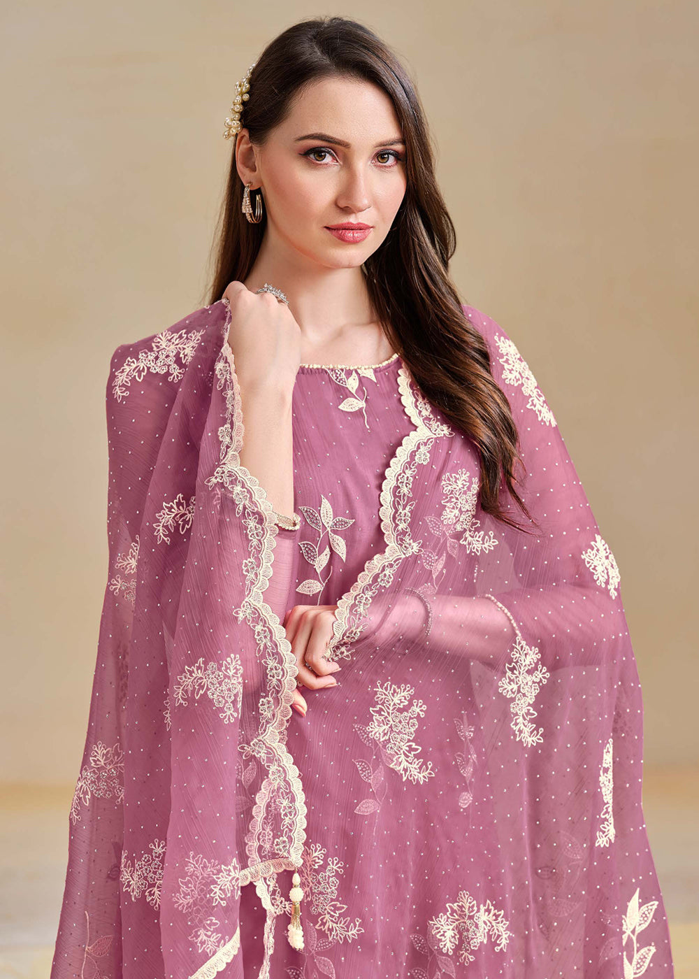 Buy Now Organza Chiffon Purple Swarovski Work Festive Salwar Suit Online in US, UK, Canada, Germany, Italy, France, Australia & Worldwide at Empress Clothing.