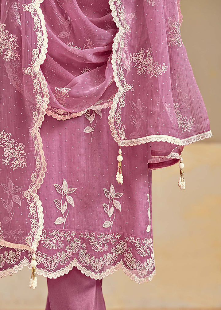 Buy Now Organza Chiffon Purple Swarovski Work Festive Salwar Suit Online in US, UK, Canada, Germany, Italy, France, Australia & Worldwide at Empress Clothing.