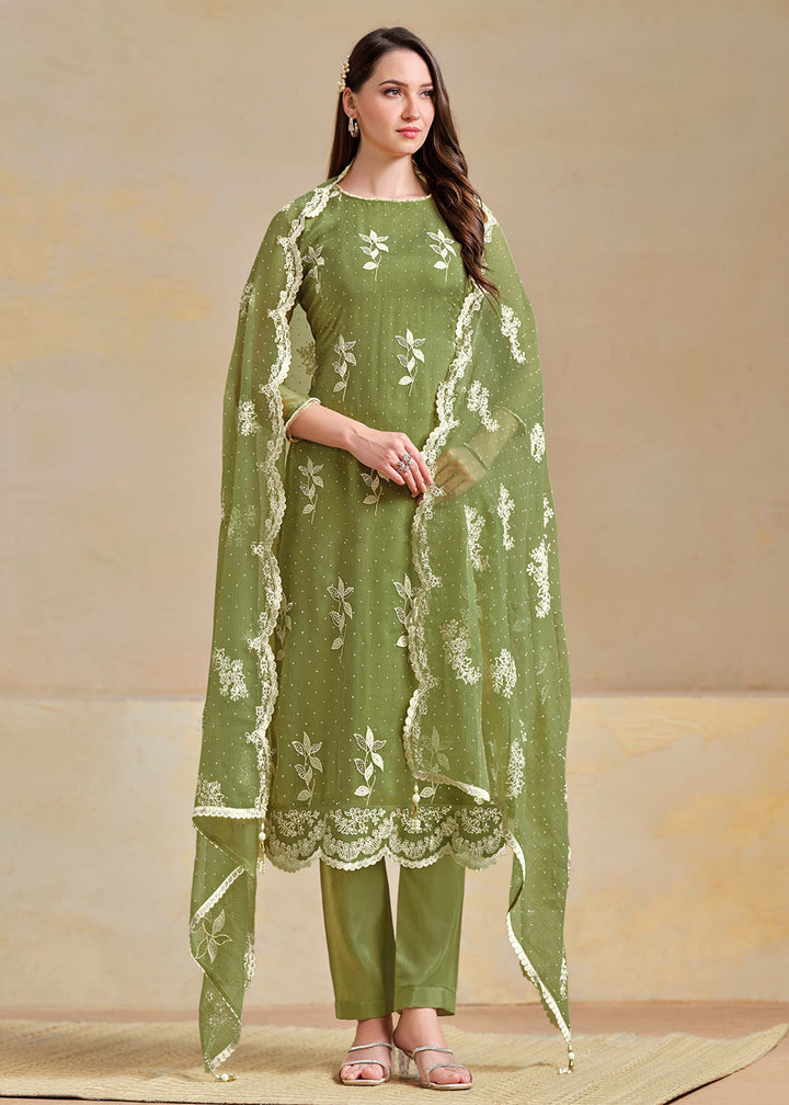 Buy Now Organza Chiffon Green Swarovski Work Festive Salwar Suit Online in US, UK, Canada, Germany, Italy, France, Australia & Worldwide at Empress Clothing.