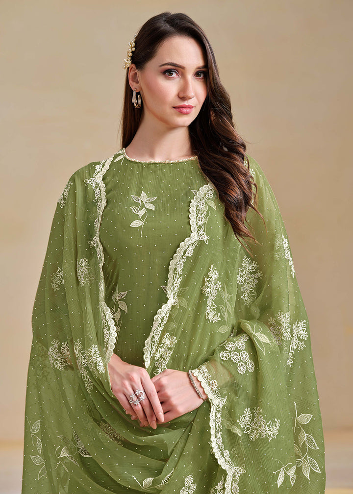 Buy Now Organza Chiffon Green Swarovski Work Festive Salwar Suit Online in US, UK, Canada, Germany, Italy, France, Australia & Worldwide at Empress Clothing.