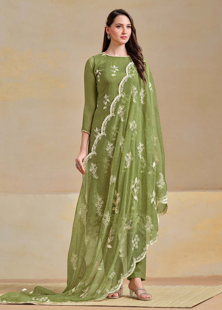 Buy Now Organza Chiffon Green Swarovski Work Festive Salwar Suit Online in US, UK, Canada, Germany, Italy, France, Australia & Worldwide at Empress Clothing.