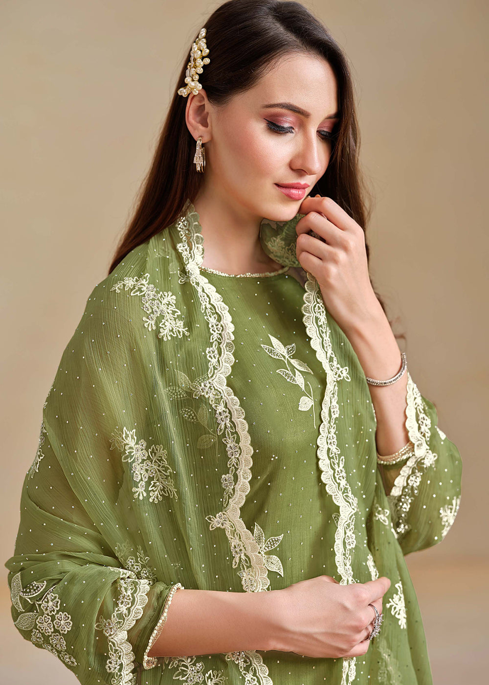 Buy Now Organza Chiffon Green Swarovski Work Festive Salwar Suit Online in US, UK, Canada, Germany, Italy, France, Australia & Worldwide at Empress Clothing.