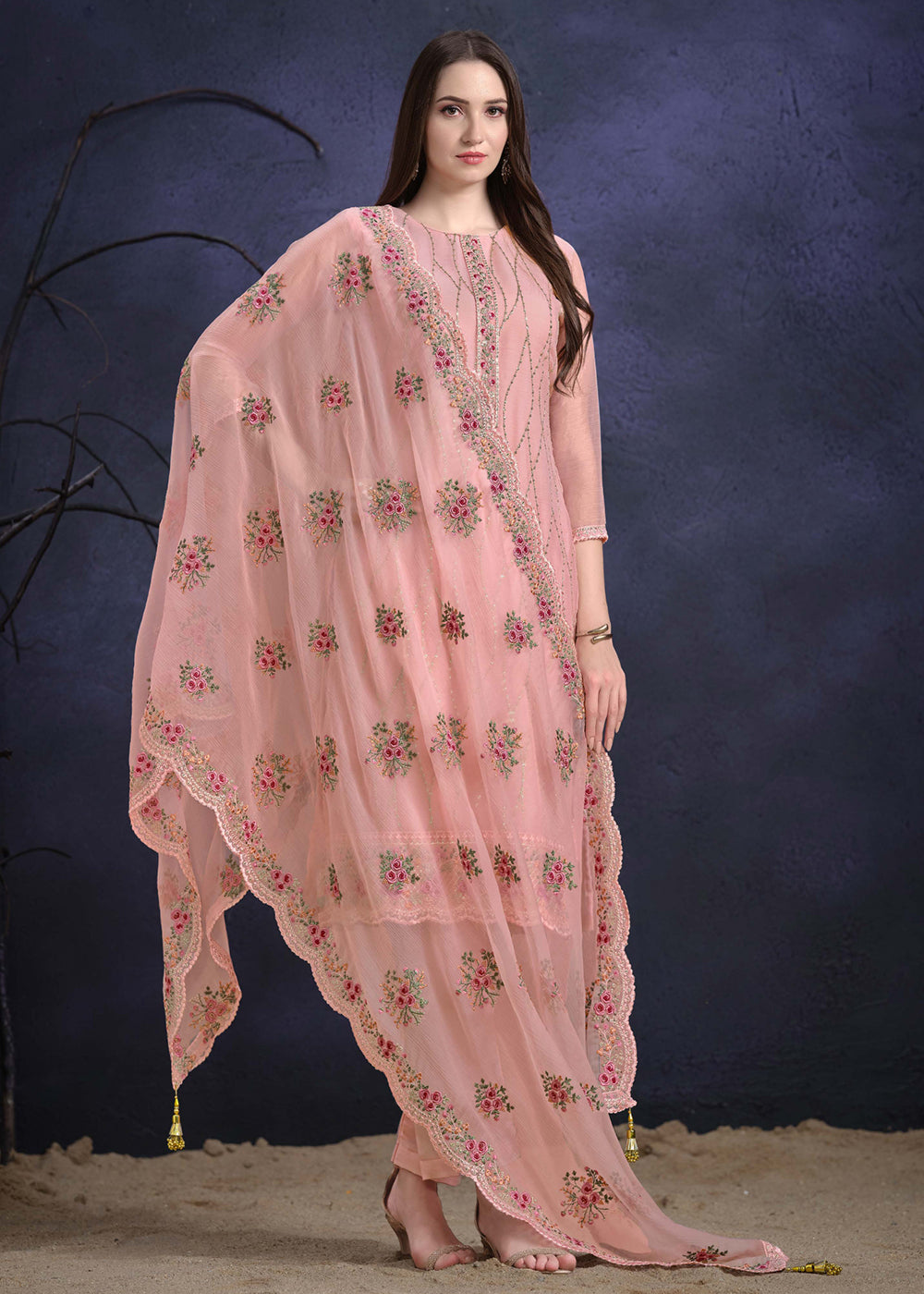 Buy Now Coral Pink Organza Chiffon Embroidered Festive Salwar Suit Online in USA, UK, Canada, Germany, UAE & Worldwide at Empress Clothing. 