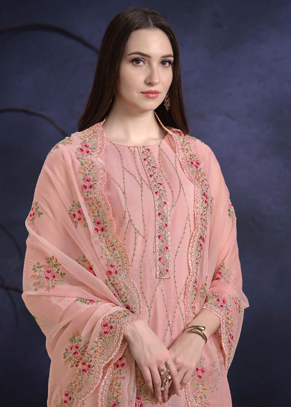 Buy Now Coral Pink Organza Chiffon Embroidered Festive Salwar Suit Online in USA, UK, Canada, Germany, UAE & Worldwide at Empress Clothing. 