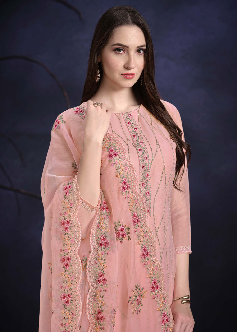 Buy Now Coral Pink Organza Chiffon Embroidered Festive Salwar Suit Online in USA, UK, Canada, Germany, UAE & Worldwide at Empress Clothing. 