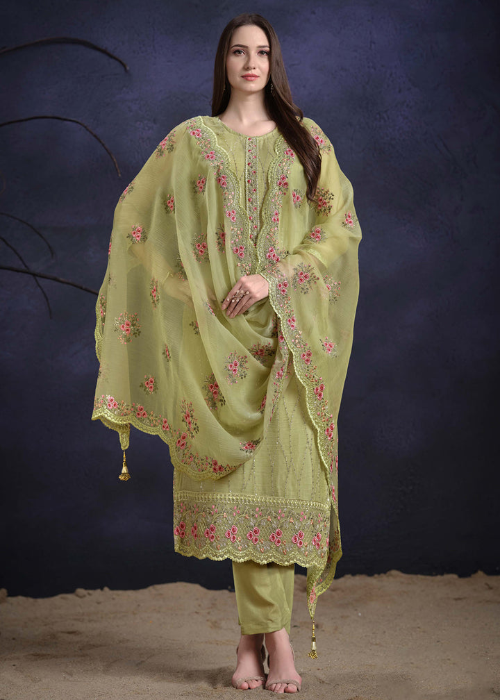 Buy Now Pista Green Organza Chiffon Embroidered Festive Salwar Suit Online in USA, UK, Canada, Germany, UAE & Worldwide at Empress Clothing. 