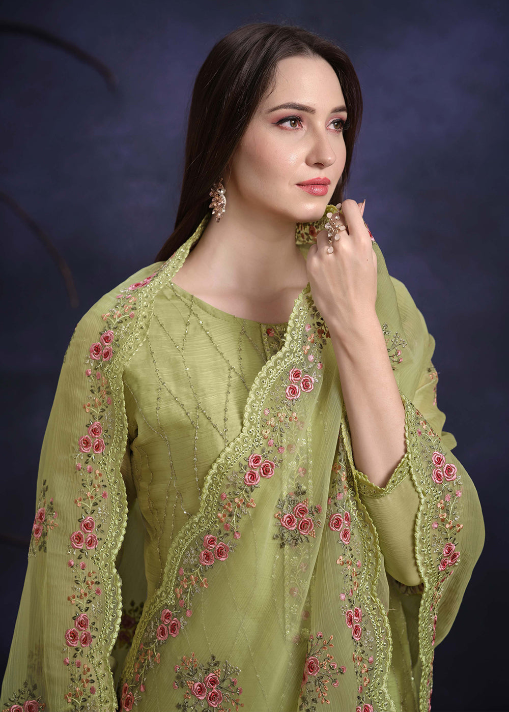 Buy Now Pista Green Organza Chiffon Embroidered Festive Salwar Suit Online in USA, UK, Canada, Germany, UAE & Worldwide at Empress Clothing. 