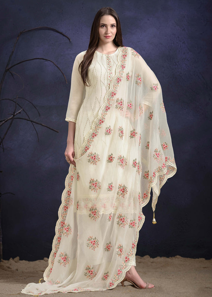 Buy Now Off White Organza Chiffon Embroidered Festive Salwar Suit Online in USA, UK, Canada, Germany, UAE & Worldwide at Empress Clothing. 