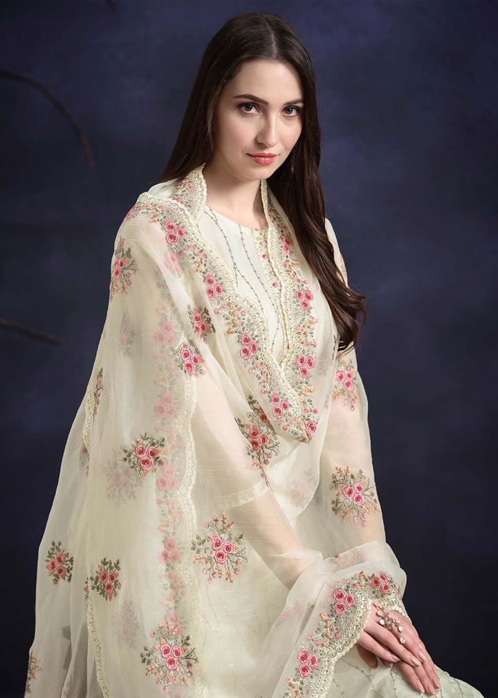 Buy Now Off White Organza Chiffon Embroidered Festive Salwar Suit Online in USA, UK, Canada, Germany, UAE & Worldwide at Empress Clothing. 