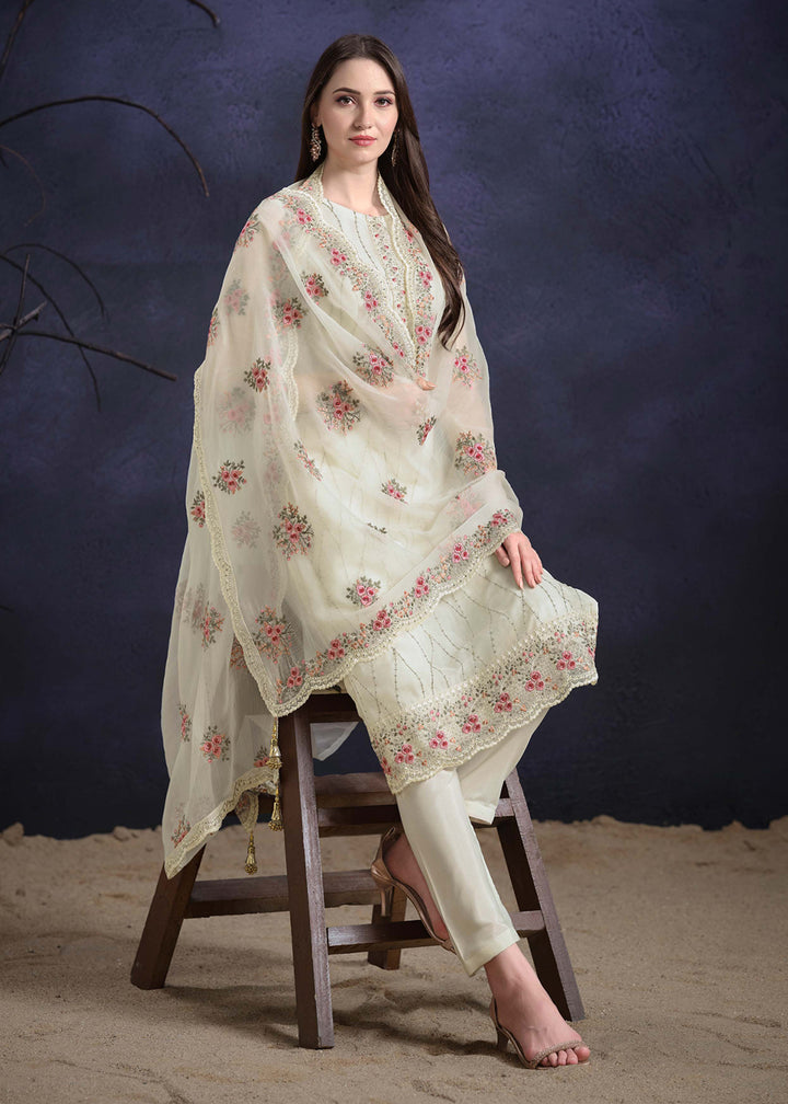 Buy Now Off White Organza Chiffon Embroidered Festive Salwar Suit Online in USA, UK, Canada, Germany, UAE & Worldwide at Empress Clothing. 