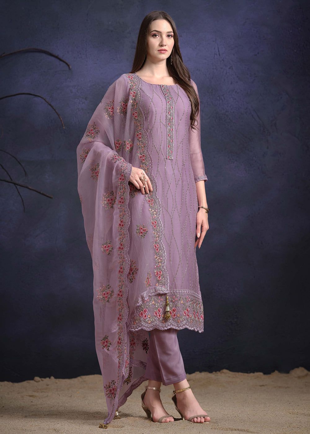 Buy Now Mauve Purple Organza Chiffon Embroidered Festive Salwar Suit Online in USA, UK, Canada, Germany, UAE & Worldwide at Empress Clothing.