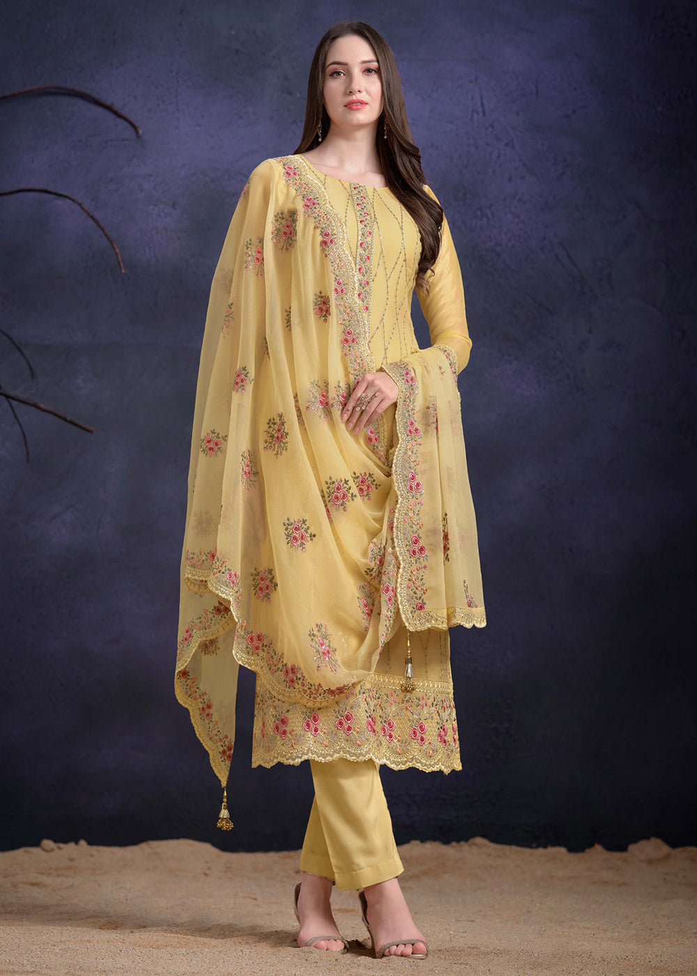 Buy Now Lemon Yellow Organza Chiffon Embroidered Festive Salwar Suit Online in USA, UK, Canada, Germany, UAE & Worldwide at Empress Clothing. 