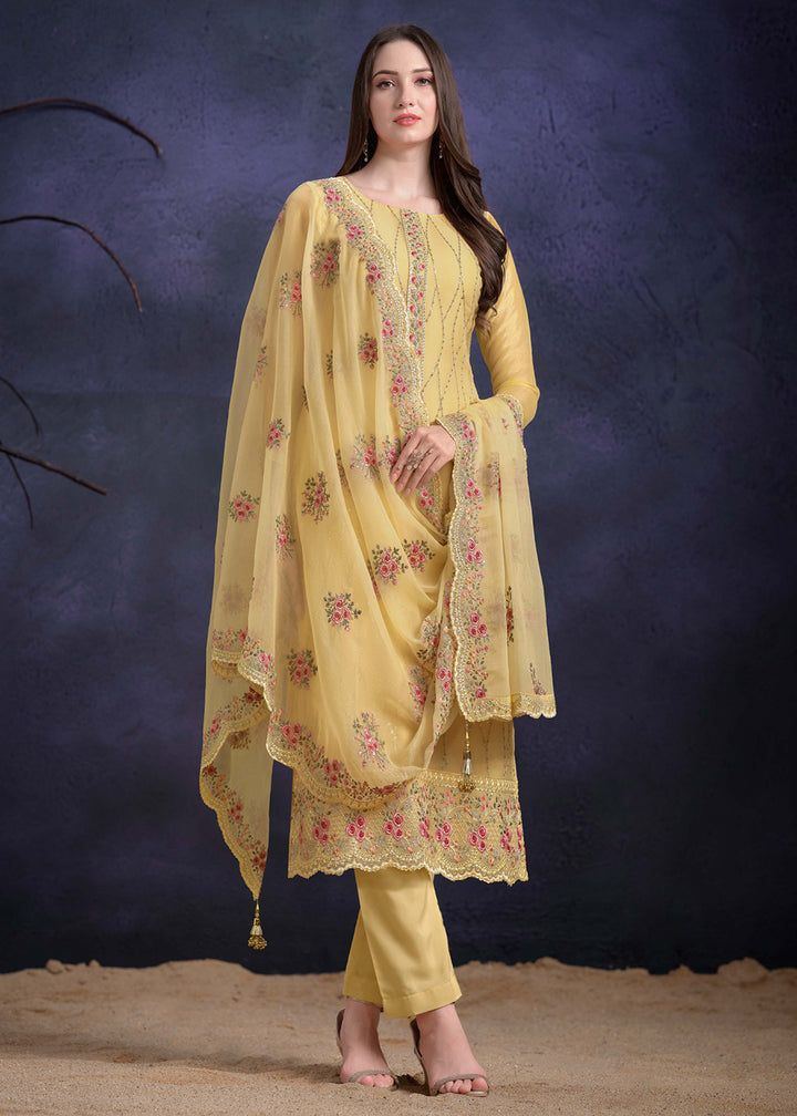 Buy Now Lemon Yellow Organza Chiffon Embroidered Festive Salwar Suit Online in USA, UK, Canada, Germany, UAE & Worldwide at Empress Clothing. 