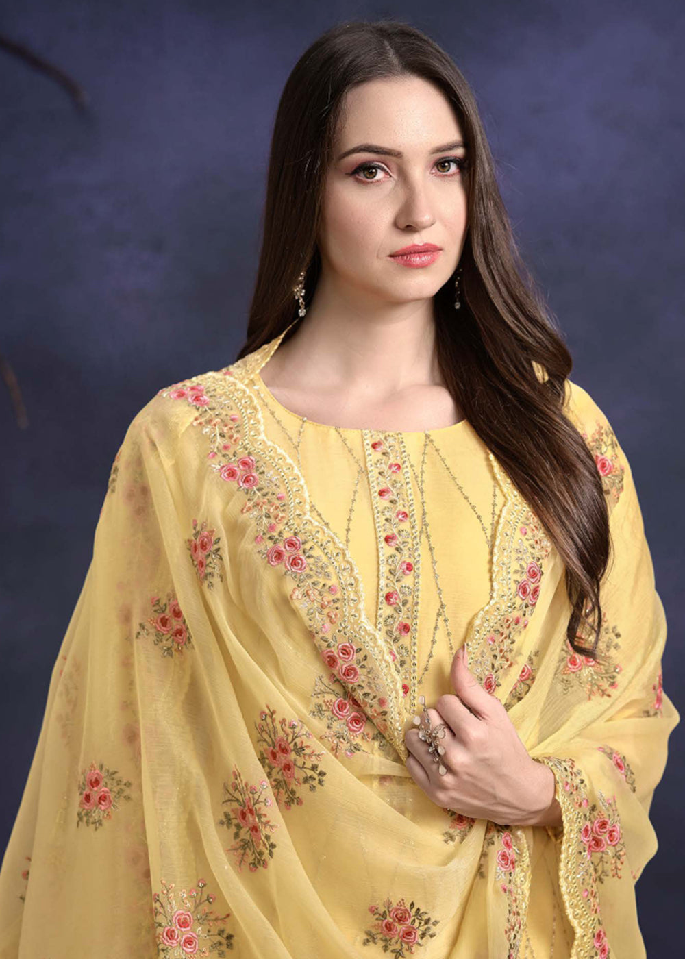 Buy Now Lemon Yellow Organza Chiffon Embroidered Festive Salwar Suit Online in USA, UK, Canada, Germany, UAE & Worldwide at Empress Clothing. 