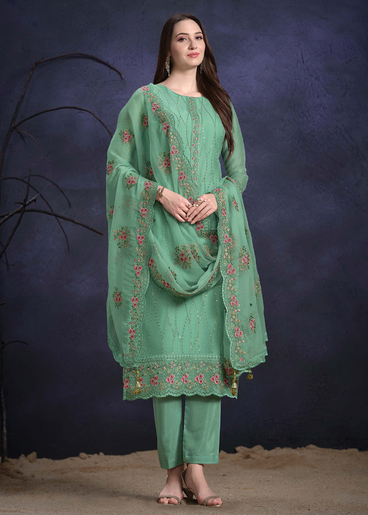 Buy Now Mint Green Organza Chiffon Embroidered Festive Salwar Suit Online in USA, UK, Canada, Germany, UAE & Worldwide at Empress Clothing.