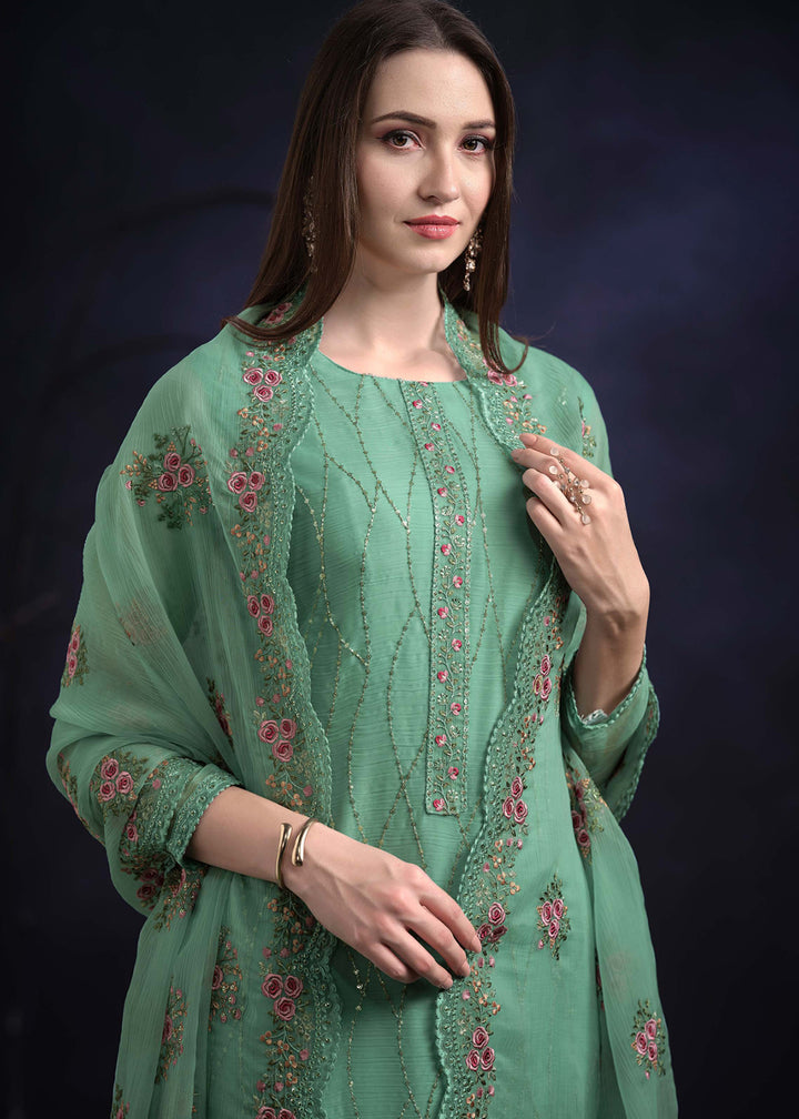 Buy Now Mint Green Organza Chiffon Embroidered Festive Salwar Suit Online in USA, UK, Canada, Germany, UAE & Worldwide at Empress Clothing.