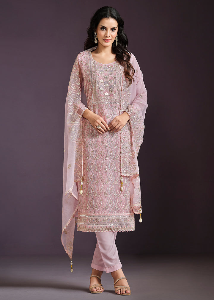 Buy Now Pink Lucknowi Embroidered Chiffon Festive Salwar Suit Online in USA, UK, Canada, Germany, UAE & Worldwide at Empress Clothing. 