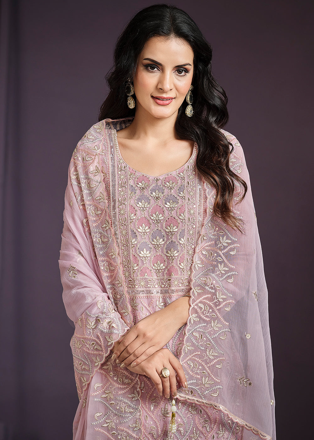 Buy Now Pink Lucknowi Embroidered Chiffon Festive Salwar Suit Online in USA, UK, Canada, Germany, UAE & Worldwide at Empress Clothing. 