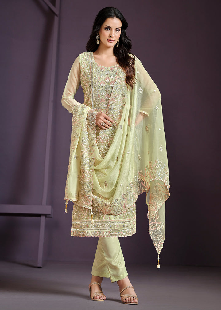 Buy Now Green Lucknowi Embroidered Chiffon Festive Salwar Suit Online in USA, UK, Canada, Germany, UAE & Worldwide at Empress Clothing.