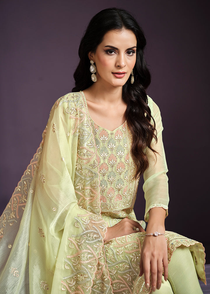 Buy Now Green Lucknowi Embroidered Chiffon Festive Salwar Suit Online in USA, UK, Canada, Germany, UAE & Worldwide at Empress Clothing.