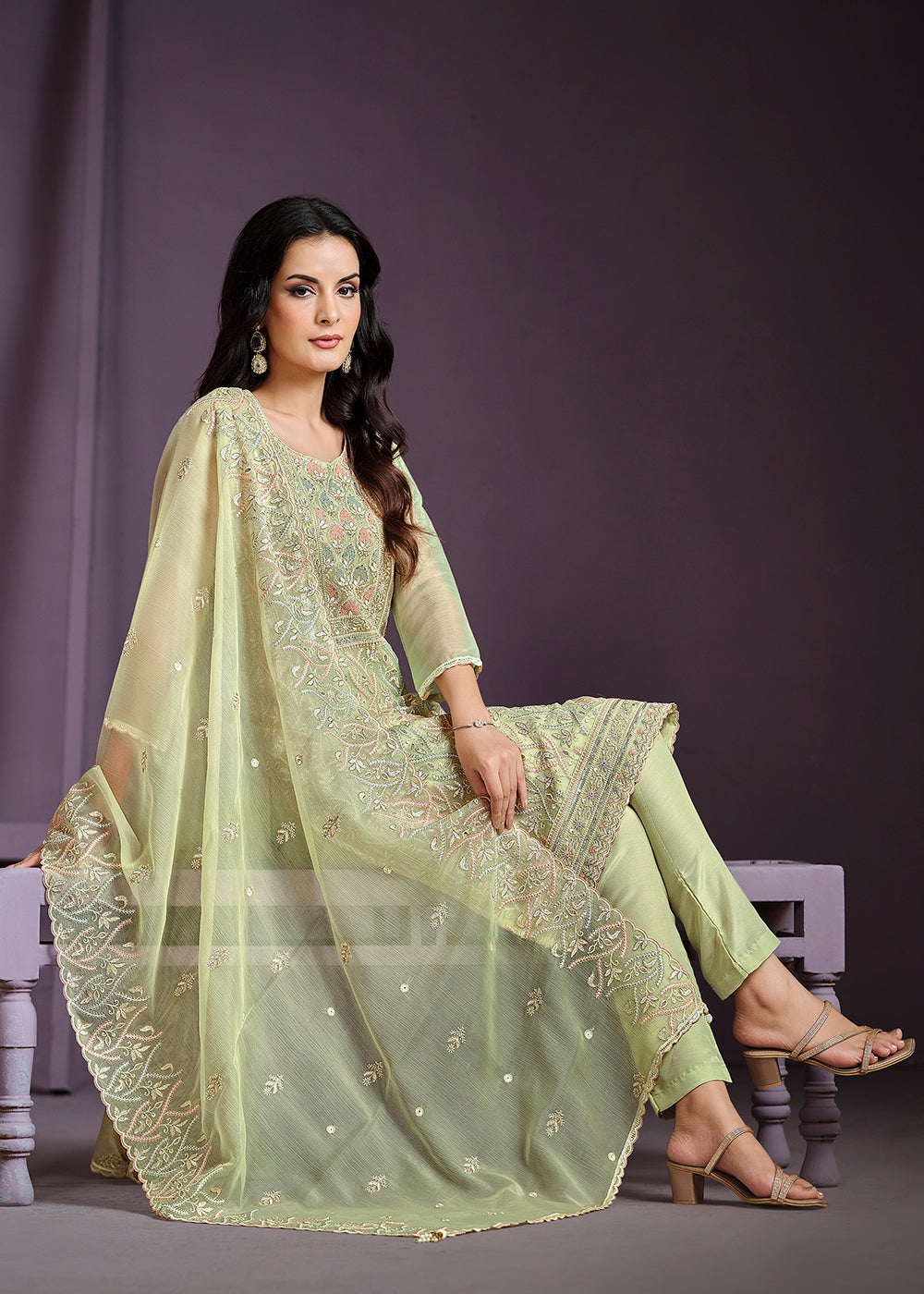 Buy Now Green Lucknowi Embroidered Chiffon Festive Salwar Suit Online in USA, UK, Canada, Germany, UAE & Worldwide at Empress Clothing.