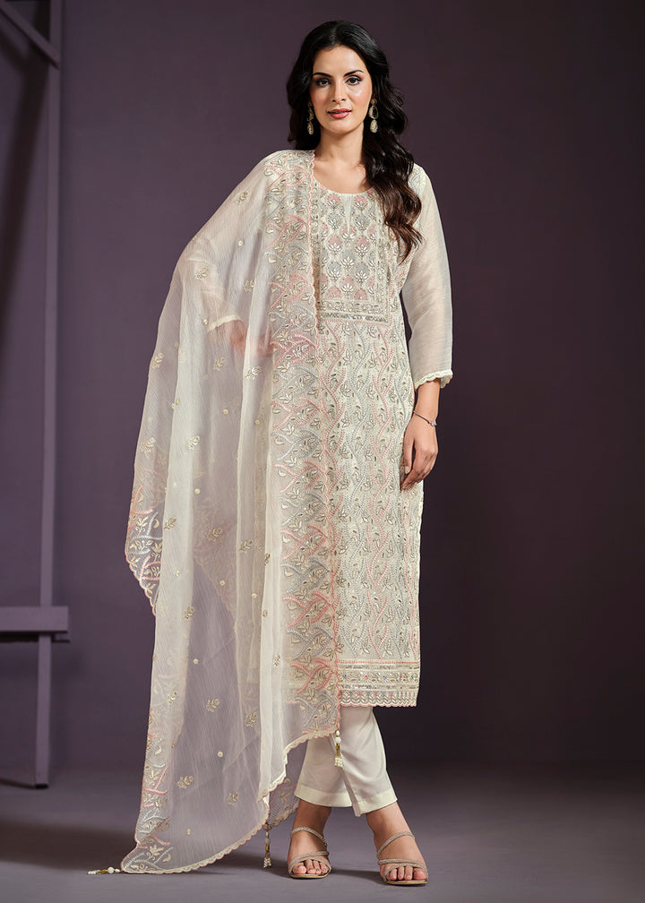 Buy Now Off White Lucknowi Embroidered Chiffon Festive Salwar Suit Online in USA, UK, Canada, Germany, UAE & Worldwide at Empress Clothing.