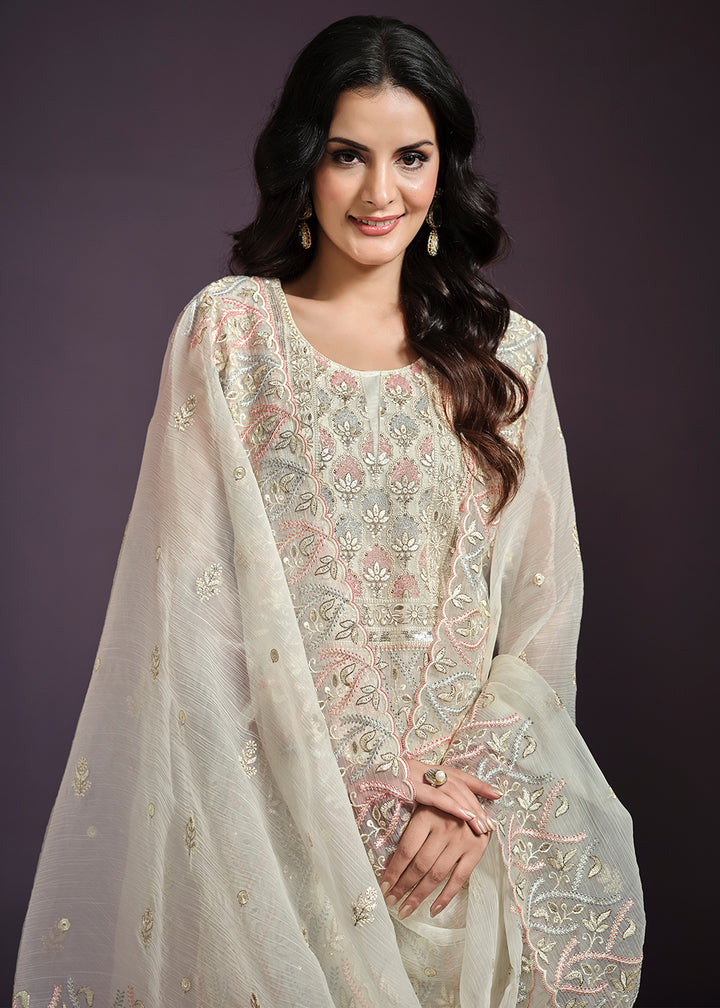 Buy Now Off White Lucknowi Embroidered Chiffon Festive Salwar Suit Online in USA, UK, Canada, Germany, UAE & Worldwide at Empress Clothing.