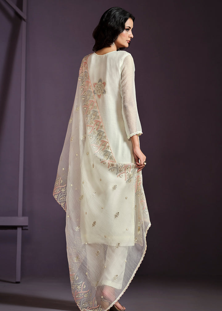 Buy Now Off White Lucknowi Embroidered Chiffon Festive Salwar Suit Online in USA, UK, Canada, Germany, UAE & Worldwide at Empress Clothing.