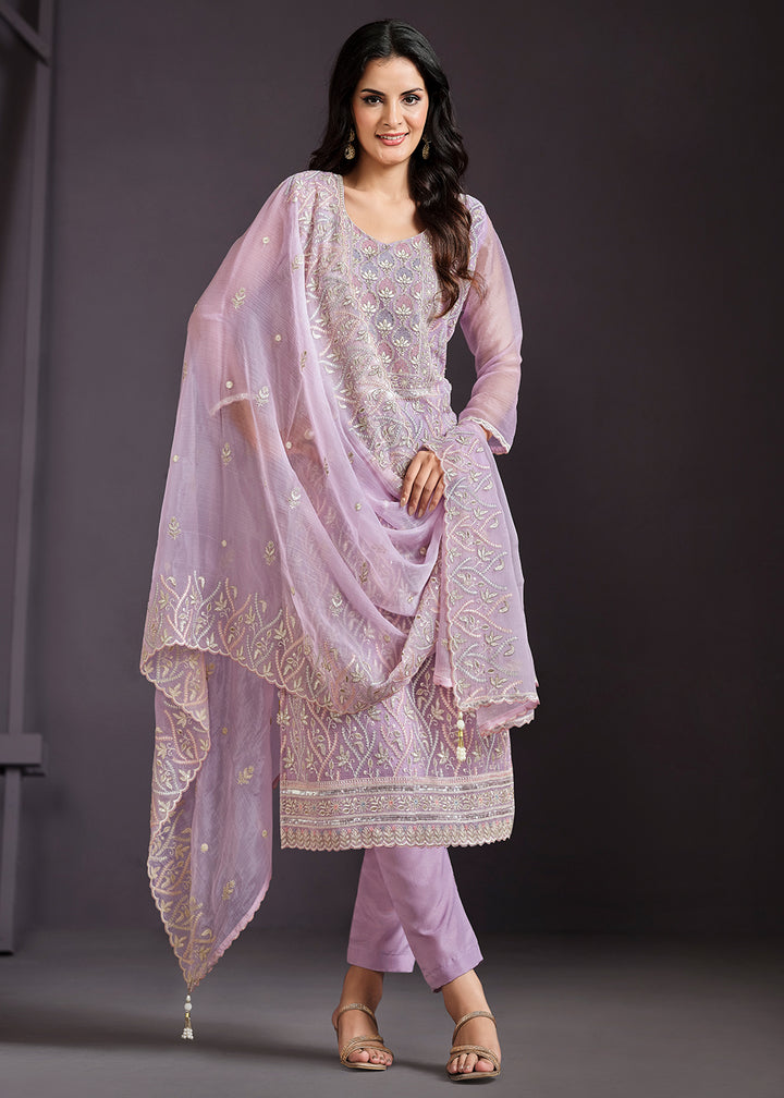 Buy Now Lilac Lucknowi Embroidered Chiffon Festive Salwar Suit Online in USA, UK, Canada, Germany, UAE & Worldwide at Empress Clothing. 