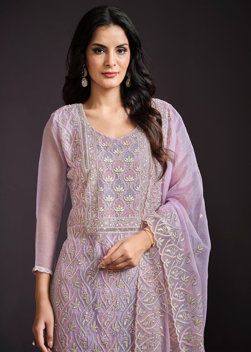 Buy Now Lilac Lucknowi Embroidered Chiffon Festive Salwar Suit Online in USA, UK, Canada, Germany, UAE & Worldwide at Empress Clothing. 